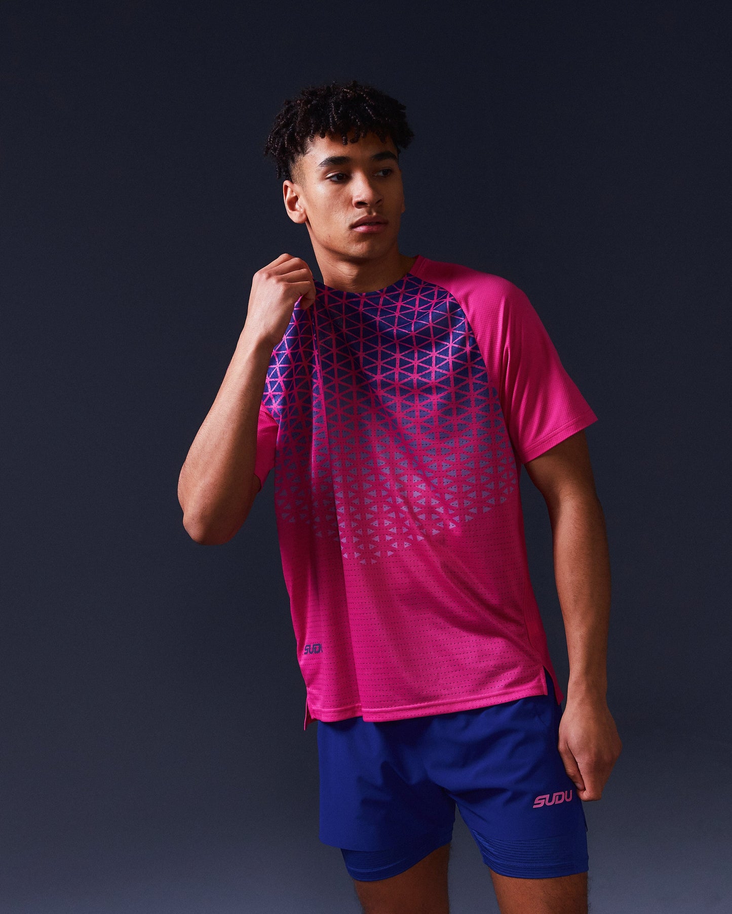 SUDU SRT SS 01 Run Short Sleeve T-Shirt - Carmine Rose / Belleweather Blue Short Sleeve T-Shirt